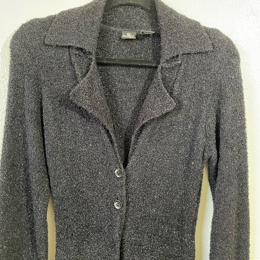 Vtg Formula X Black Longline Cardigan Small 2 Button Shimmer Knit Dark Romantics